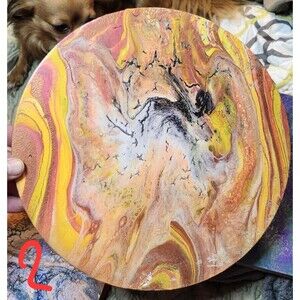 Solar Bloom Abstract Pour Art 11¾" Round Canvas – Gold Red Cosmic Flower